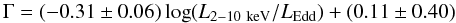 \begin{equation} \Gamma=(-0.31\pm0.06) \log (L_{2-10~{\rm keV}}/L_{\rm Edd})+(0.11\pm0.40) \end{equation}