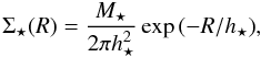 \begin{equation} \label{eq_surface_density_stars} \Sigma_{\star}(R) = \frac{M_{\star}}{2 \pi h_{\star}^{2}}\exp{(-R/h_{\star})}, \end{equation}