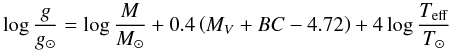 Mathematical equation: \begin{equation} \log\frac{g}{g_{\odot}}=\log\frac{M}{M_{\odot}}+0.4\left(M_V+BC-4.72\right) +4\log\frac{T_{\mathrm{eff}}}{T_{\odot}} \label{eq:logg} \end{equation}