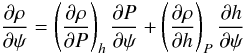 Mathematical equation: \appendix \setcounter{section}{1} \begin{equation} \frac{\partial \rho}{\partial \psi}=\left( \frac{\partial \rho}{\partial P}\right)_h \frac{\partial P}{\partial \psi}+\left(\frac{\partial \rho}{\partial h}\right)_P \frac{\partial h}{\partial \psi} \label{eq:thermo} \end{equation}