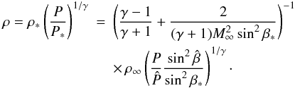 Mathematical equation: \begin{eqnarray} \rho=\rho_* \left(\frac{P}{P_*}\right)^{1/\gamma}&=&\left(\frac{\gamma-1}{\gamma+1}+\frac{2}{(\gamma+1)M_\infty^2\sin^2\beta_*}\right)^ {-1}\notag\\ &&\times\,\rho_\infty\left(\frac{P}{\hat{P}}\frac{\sin^2\hat{\beta}}{\sin^2\beta_*}\right)^{1/\gamma}\cdot \end{eqnarray}