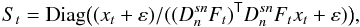 Mathematical equation: \begin{equation} S_{t} = \Diag\bigl( (x_t+\varepsilon) / ((D_n^{sn}F_t)^{\T} D_n^{sn}F_t x_t+\varepsilon)\bigr), \label{eq:3} \end{equation}