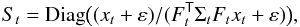 Mathematical equation: \begin{equation} S_t = \Diag\bigl((x_t+\varepsilon) / (F_t^{\T}\Sigma_t F_t x_t +\varepsilon) \bigr), \label{eq:4} \end{equation}
