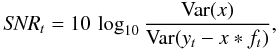 Mathematical equation: \begin{equation} \snr_t = 10 \, \log_{10}\frac{\mbox{Var}(x)}{\mbox{Var}(y_t - x*f_t)}, \end{equation}