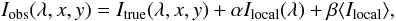 Mathematical equation: \begin{equation} I_{\rm obs} (\lambda,x,y) = I_{\rm true} (\lambda,x,y) + \alpha I_{\rm local}(\lambda) + \beta \langle I_{\rm local}\rangle \label{eq_stray_simp}, \end{equation}