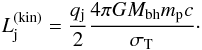 Mathematical equation: \begin{eqnarray} L_{\rm j}^{\rm(kin)}= \frac{q_{\rm j}}{2} \frac{4\pi G M_{\rm bh} m_{\rm p} c}{\sigma_{\rm T}}\cdot \end{eqnarray}