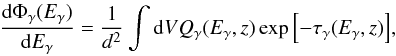 Mathematical equation: \begin{eqnarray} \frac{{\rm d}\Phi_\gamma(E_\gamma)}{{\rm d}E_\gamma}= \frac{1}{d^2}\int {\rm d}V Q_\gamma(E_\gamma,z) \exp{\left[- \tau_{\gamma}(E_\gamma,z)\right]}, \label{difflux} \end{eqnarray}