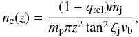 Mathematical equation: \begin{eqnarray} n_{\rm c}(z)= \frac{(1-q_{\rm rel})\dot{m}_{\rm j}}{m_{\rm p} \pi z^2\tan^2{\xi_{\rm j}} v_{\rm b} }, \end{eqnarray}