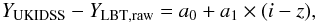 Mathematical equation: \begin{equation} Y_{\rm UKIDSS}-Y_{\rm LBT,raw}=a_0+a_1\times(i-z), \label{calib-eq1} \end{equation}