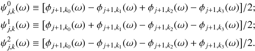 Mathematical equation: \begin{eqnarray*} && \wav_{\scal,\locat}^0(\sa) \equiv \bigl [ \scalefun_{\scal+1,\locat_0}(\sa) - \scalefun_{\scal+1,\locat_1}(\sa) + \scalefun_{\scal+1,\locat_2}(\sa) - \scalefun_{\scal+1,\locat_3}(\sa) \bigr ] / 2; \\ && \wav_{\scal,\locat}^1(\sa) \equiv \bigl [ \scalefun_{\scal+1,\locat_0}(\sa) + \scalefun_{\scal+1,\locat_1}(\sa) - \scalefun_{\scal+1,\locat_2}(\sa) - \scalefun_{\scal+1,\locat_3}(\sa) \bigr ] / 2; \\ && \wav_{\scal,\locat}^2(\sa) \equiv \bigl [ \scalefun_{\scal+1,\locat_0}(\sa) - \scalefun_{\scal+1,\locat_1}(\sa) - \scalefun_{\scal+1,\locat_2}(\sa) + \scalefun_{\scal+1,\locat_3}(\sa) \bigr ] / 2. \end{eqnarray*}