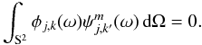 Mathematical equation: \begin{equation*} \int_\sphere \scalefun_{\scal,\locat}(\sa) \wav_{\scal,\locat^\prime}^\wavtype(\sa) \dmun = 0. \end{equation*}