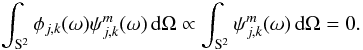 Mathematical equation: \begin{equation*} \int_\sphere \scalefun_{\scal,\locat}(\sa) \wav_{\scal,\locat}^\wavtype(\sa) \dmun \propto \int_\sphere \wav_{\scal,\locat}^\wavtype(\sa) \dmun = 0. \end{equation*}