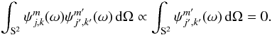 Mathematical equation: \begin{equation*} \int_\sphere \wav_{\scal,\locat}^\wavtype(\sa) \wav_{{\scal^\prime},{\locat^\prime}}^{\wavtype^\prime}(\sa) \dmun \propto \int_\sphere \wav_{\scal^\prime,\locat^\prime}^{\wavtype^\prime}(\sa) \dmun = 0. \end{equation*}