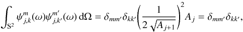 Mathematical equation: \begin{equation*} \int_\sphere \wav_{\scal,\locat}^\wavtype(\sa) \wav_{{\scal},{\locat^\prime}}^{\wavtype^\prime}(\sa) \dmun = \kron{\wavtype}{\wavtype^\prime} \kron{\locat}{\locat^\prime} \Biggl(\frac{1}{2\sqrt{\area_{\scal+1}}} \Biggr)^2 \area_\scal =\kron{\wavtype}{\wavtype^\prime} \kron{\locat}{\locat^\prime}, \end{equation*}