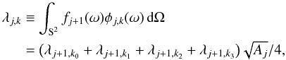 Mathematical equation: \begin{eqnarray} \acoeff_{\scal,\locat} &&\equiv \int_\sphere f_{\scal+1}(\sa) \scalefun_{\scal,\locat}(\sa) \dmun \nonumber \\ && = \bigl ( \acoeff_{\scal+1,\locat_0} + \acoeff_{\scal+1,\locat_1} + \acoeff_{\scal+1,\locat_2} + \acoeff_{\scal+1,\locat_3} \bigr ) \sqrt{\area_\scal}/4, \nonumber \end{eqnarray}