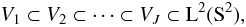 Mathematical equation: \begin{equation} \approxspace_1 \subset \approxspace_2 \subset \cdots \subset \approxspace_\scalmax \subset \ltwo(\sphere), \label{eqn:space_hierarchy} \end{equation}
