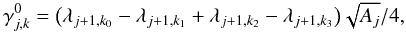 Mathematical equation: \begin{equation*} \dcoeff_{\scal,\locat}^0 = \bigl ( \acoeff_{\scal+1,\locat_0} - \acoeff_{\scal+1,\locat_1} + \acoeff_{\scal+1,\locat_2} - \acoeff_{\scal+1,\locat_3} \bigr ) \sqrt{\area_\scal}/4, \end{equation*}