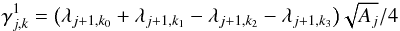 Mathematical equation: \begin{equation*} \dcoeff_{\scal,\locat}^1 = \bigl ( \acoeff_{\scal+1,\locat_0} + \acoeff_{\scal+1,\locat_1} - \acoeff_{\scal+1,\locat_2} - \acoeff_{\scal+1,\locat_3} \bigr ) \sqrt{\area_\scal}/4 \end{equation*}