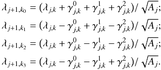 Mathematical equation: \begin{eqnarray*} && \acoeff_{\scal+1,\locat_0} = \bigl ( \acoeff_{\scal,\locat} + \dcoeff_{\scal,\locat}^0 + \dcoeff_{\scal,\locat}^1 + \dcoeff_{\scal,\locat}^2 \bigr ) / \sqrt{\area_\scal}; \\ && \acoeff_{\scal+1,\locat_1} = \bigl ( \acoeff_{\scal,\locat} - \dcoeff_{\scal,\locat}^0 + \dcoeff_{\scal,\locat}^1 - \dcoeff_{\scal,\locat}^2 \bigr ) / \sqrt{\area_\scal}; \\ && \acoeff_{\scal+1,\locat_2} = \bigl ( \acoeff_{\scal,\locat} + \dcoeff_{\scal,\locat}^0 - \dcoeff_{\scal,\locat}^1 - \dcoeff_{\scal,\locat}^2 \bigr ) / \sqrt{\area_\scal}; \\ && \acoeff_{\scal+1,\locat_3} = \bigl ( \acoeff_{\scal,\locat} - \dcoeff_{\scal,\locat}^0 - \dcoeff_{\scal,\locat}^1 + \dcoeff_{\scal,\locat}^2 \bigr ) / \sqrt{\area_\scal}. \end{eqnarray*}