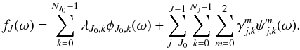 Mathematical equation: \begin{equation*} f_\scalmax(\sa) = \sum_{\locat=0}^{\npix_{\scalmin} - 1} \acoeff_{\scalmin,\locat} \scalefun_{\scalmin,\locat}(\sa) + \sum_{\scal=\scalmin}^{\scalmax-1} \sum_{\locat=0}^{\npix_\scal - 1} \sum_{\wavtype=0}^{2} \dcoeff_{\scal,\locat}^\wavtype \wav_{\scal,\locat}^\wavtype(\sa). \end{equation*}