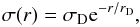 Mathematical equation: \begin{equation} \sigma(r)=\sigma_{\rm D}{\rm e}^{-r/r_{\rm D}}, \end{equation}