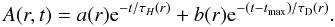 Mathematical equation: \begin{equation} A(r,t)= a(r) {\rm e}^{-t/ \tau_{H}(r)}+ b(r) {\rm e}^{-(t-t_{\max})/ \tau_{\rm D}(r)}. \end{equation}