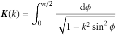 Mathematical equation: \begin{equation} \elik(k)=\int_0^{\pi/2}{\frac{{\rm d}\phi}{\sqrt{1-k^2 \sin^2 \phi}}} \label{eq:elik} \end{equation}
