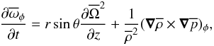 Mathematical equation: \begin{equation} \frac{\pd \mean{\omega}_\phi}{\pd t} = r \sin \theta \frac{\pd \mean{\Omega}^2}{\pd z} + \frac{1}{\mean{\rho}^2} (\bm\nabla\mean{\rho} \times \bm\nabla \mean{p})_\phi,\label{equ:wphi} \end{equation}