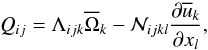 Mathematical equation: \begin{equation} \qij=\Lambda_{ijk}\mean{\Omega}_k-\mathcal{N}_{ijkl}\frac{\pd\mean{u}_{k}}{\pd x_l}, \end{equation}