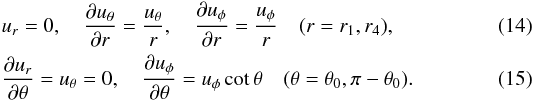 Mathematical equation: \begin{eqnarray} \lefteqn{u_r=0,\quad \frac{\pd u_\theta}{\pd r}=\frac{u_\theta}{r},\quad \frac{\pd u_\phi}{\pd r}=\frac{u_\phi}{r} \quad (r=r_1, r_4),}\\ \lefteqn{\frac{\pd u_r}{\pd \theta}=u_\theta=0,\quad \frac{\pd u_\phi}{\pd \theta}=u_\phi \cot \theta \quad (\theta=\theta_0,\pi-\theta_0).} \end{eqnarray}