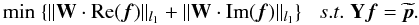 Mathematical equation: \begin{equation} {\rm{min}} \;\{ {\| {\bf W}\cdot{\rm{Re}}(\vec{f})\|_{l_1}+\|{\bf W}\cdot{\rm{Im}}(\vec{f})\|_{l_1}} \} \; \;\; s.t.\; {\bf Y}\vec{f}=\widetilde{{\vec p}}. \label{e:faraday_thick} \end{equation}