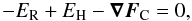 Mathematical equation: \begin{equation} - E_\mathrm{R} + E_\mathrm{H} -\vec{\nabla}\vec{F}_\mathrm{C} = 0, \\ \label{Eq:energy_balance} \end{equation}