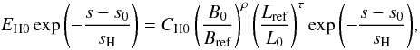 Mathematical equation: \begin{equation} E_\mathrm{H0} \exp{\left(-\frac{s-s_0}{s_\mathrm{H}}\right)} = C_\mathrm{H0} \left(\frac{B_0}{B_\mathrm{ref}} \right)^\rho \left(\frac{L_\mathrm{ref}}{L_0} \right)^\tau \exp{\left(-\frac{s-s_0}{s_\mathrm{H}}\right)} , \label{Eq:heating2} \end{equation}