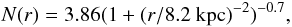 Mathematical equation: \begin{equation} N(r) = 3.86 (1+(r/8.2~\mathrm{kpc})^{-2})^{-0.7}, \end{equation}