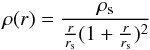 Mathematical equation: \begin{equation} \rho(r) = \frac{\rho_{\rm s}}{\frac{r}{r_{\rm s}} (1+\frac{r}{r_{\rm s}})^2} \label{eq:nfwprofile} \end{equation}