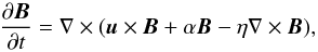 Mathematical equation: \begin{equation} \frac{\partial{\vec B}}{\partial t} = \nabla\times({\vec u}\times {\vec B}+\alpha{\vec B}-\eta\nabla\times{\vec B}), \label{dyneq} \end{equation}