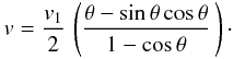 Mathematical equation: \appendix \setcounter{section}{1} \begin{eqnarray} v= {{v_1}\over{2}}\, \left({{\theta - \mbox{sin}\,\theta\, \mbox{cos}\,\theta} \over{1 - \mbox{cos}\,\theta}}\,\right)\cdot \label{a4} \end{eqnarray}