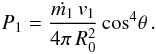 Mathematical equation: \appendix \setcounter{section}{1} \begin{eqnarray} P_1= {{\dot{m_1}\,v_1}\over{4\pi\,R^2_0}}\,\mbox{cos}^4\theta\,. \label{a7} \end{eqnarray}