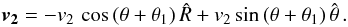 Mathematical equation: \begin{eqnarray} \vec{v_2}= - v_2 \,\,\mbox{cos}\,(\theta + \theta_1)\,\hat{R} + v_2\,\mbox{sin}\,(\theta + \theta_1) \,\hat{\theta} \,. \label{eq5} \end{eqnarray}
