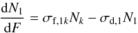 Mathematical equation: % subequation 4074 0 \begin{equation} \frac{{\rm d}N_1}{{\rm d}F}=\sigma_{{\rm f},1k}N_k-\sigma_{{\rm d},1}N_1 \label{e3} \end{equation}