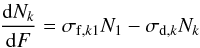 Mathematical equation: % subequation 4074 1 \begin{equation} \frac{{\rm d}N_k}{{\rm d}F}=\sigma_{{\rm f},k1}N_1-\sigma_{{\rm d},k}N_k \label{e4} \end{equation}