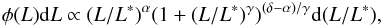 Mathematical equation: \appendix \setcounter{section}{1} \begin{equation} \phi (L) \mathrm{d}L \propto (L/L^{*})^\alpha (1 + (L/L^{*})^\gamma)^{(\delta-\alpha)/\gamma} \mathrm{d}(L/L^{*}), \label{eq:abell} \end{equation}