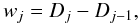 Mathematical equation: \appendix \setcounter{section}{1} \begin{equation} w_j = D_j - D_{j-1}, \label{wi} \end{equation}