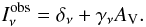 Mathematical equation: \begin{equation} I^{\rm{obs}}_{\rm \nu} = \delta_{\rm \nu} + \gamma_{\rm \nu} A_{\rm V}. \label{eq:IAfit} \end{equation}