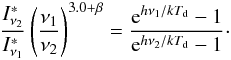 Mathematical equation: \begin{equation} \frac{I^*_{\rm \nu_2}}{I^*_{\rm \nu_1}} \left(\frac{\nu_{1}}{\nu_{2}}\right)^{3.0+\beta}= \frac{{\rm e}^{h\nu_{1} /kT_{\rm d}}-1}{{\rm e}^{h\nu_{2}/kT_{\rm d}}-1}\cdot \label{eq:TdB} \end{equation}