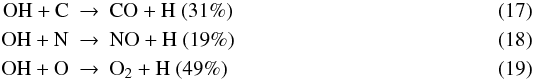 Mathematical equation: \begin{eqnarray} {\rm OH} + {\rm C} &\rightarrow& {\rm CO} + {\rm H}\ (31\%)\\ {\rm OH} + {\rm N} &\rightarrow& {\rm NO} + {\rm H}\ (19\%)\\ {\rm OH} + {\rm O} &\rightarrow& {\rm O_2} + {\rm H}\ (49\%) \end{eqnarray}