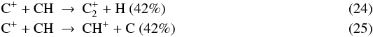 Mathematical equation: \begin{eqnarray} {\rm C^+} + {\rm CH} &\rightarrow& {\rm C_2^+} + {\rm H}\ (42\%)\\ {\rm C^+} + {\rm CH} &\rightarrow& {\rm CH^+} + {\rm C}\ (42\%) \end{eqnarray}
