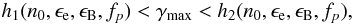 Mathematical equation: \begin{eqnarray} \label{tratio} h_1(n_0,\ee,\eB,f_{p}) < \gammamax < h_2(n_0,\ee,\eB,f_{p}), \label{timeratio} \end{eqnarray}
