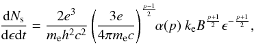 Mathematical equation: \appendix \setcounter{section}{1} \begin{eqnarray} \label{jsyn} \frac{{\rm d}N_{\rm s}}{{\rm d}\epsilon {\rm d}t}= \frac{2 e^3}{m_{\rm e} h^2 c^2} \left(\frac{3e}{4\pi m_{\rm e}c}\right)^{\frac{p-1}{2}} \!\!\alpha(p)\ k_{\rm e}B^{\frac{p+1}{2}}\epsilon^{-\frac{p+1}{2}}, \end{eqnarray}
