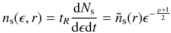 Mathematical equation: \appendix \setcounter{section}{1} \begin{eqnarray} n_{\rm s}(\epsilon,r)=t_R\frac{{\rm d}N_{\rm s}}{{\rm d}\epsilon {\rm d}t}=\tilde{n}_{\rm s}(r)\epsilon^{-\frac{p+1}{2}} \end{eqnarray}